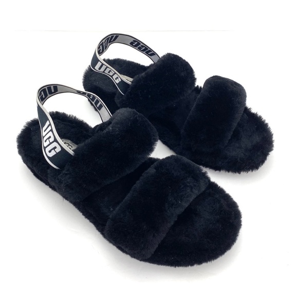Ugg Oh Yeah Fur Double Strap Flat Sandals In Black Size 10 - Picture 5 of 11